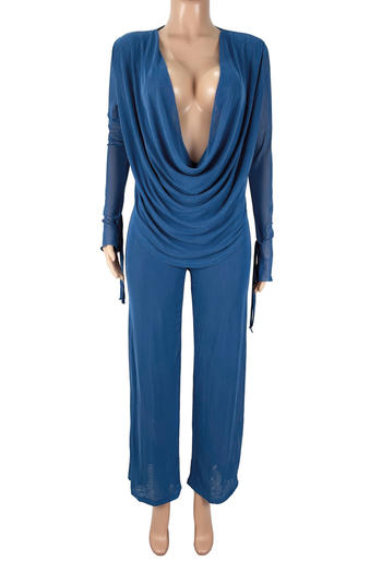 Sexy Mesh Deep V-Neck Top and Straight Leg Pants Set