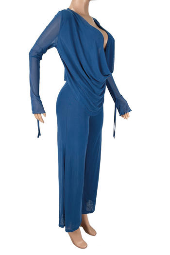 Sexy Mesh Deep V-Neck Top and Straight Leg Pants Set