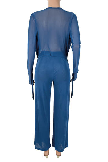 Sexy Mesh Deep V-Neck Top and Straight Leg Pants Set