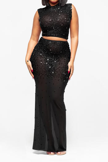 Plus Size Dazzling Rhinestone Mesh Crop Top & Slit Maxi Skirt Set