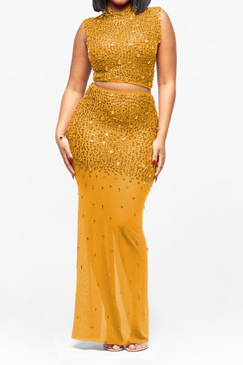 Plus Size Dazzling Rhinestone Mesh Crop Top & Slit Maxi Skirt Set