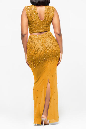 Plus Size Dazzling Rhinestone Mesh Crop Top & Slit Maxi Skirt Set