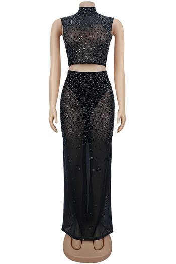 Plus Size Dazzling Rhinestone Mesh Crop Top & Slit Maxi Skirt Set