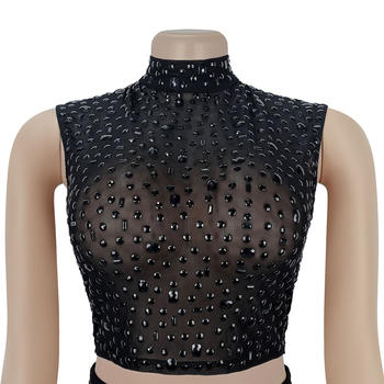 Plus Size Dazzling Rhinestone Mesh Crop Top & Slit Maxi Skirt Set
