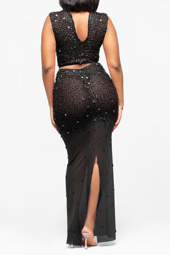 Plus Size Dazzling Rhinestone Mesh Crop Top & Slit Maxi Skirt Set
