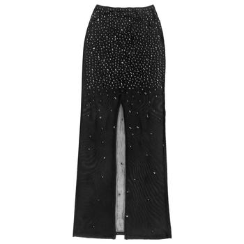 Plus Size Dazzling Rhinestone Mesh Crop Top & Slit Maxi Skirt Set