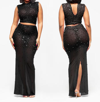 Plus Size Dazzling Rhinestone Mesh Crop Top & Slit Maxi Skirt Set