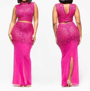 Plus Size Dazzling Rhinestone Mesh Crop Top & Slit Maxi Skirt Set