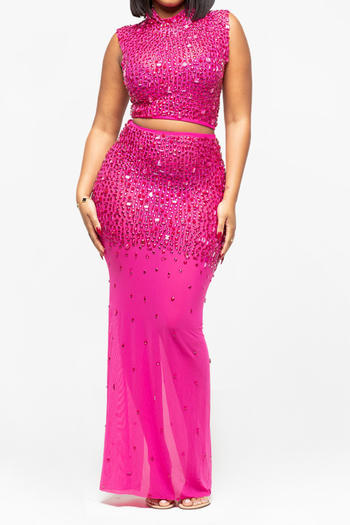 Plus Size Dazzling Rhinestone Mesh Crop Top & Slit Maxi Skirt Set