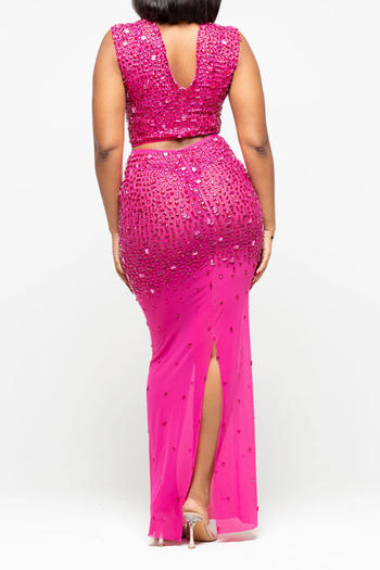 Plus Size Dazzling Rhinestone Mesh Crop Top & Slit Maxi Skirt Set