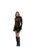 Sensual Sheer Lace Backless Bodysuit & Mini Skirt Set Bow Accent