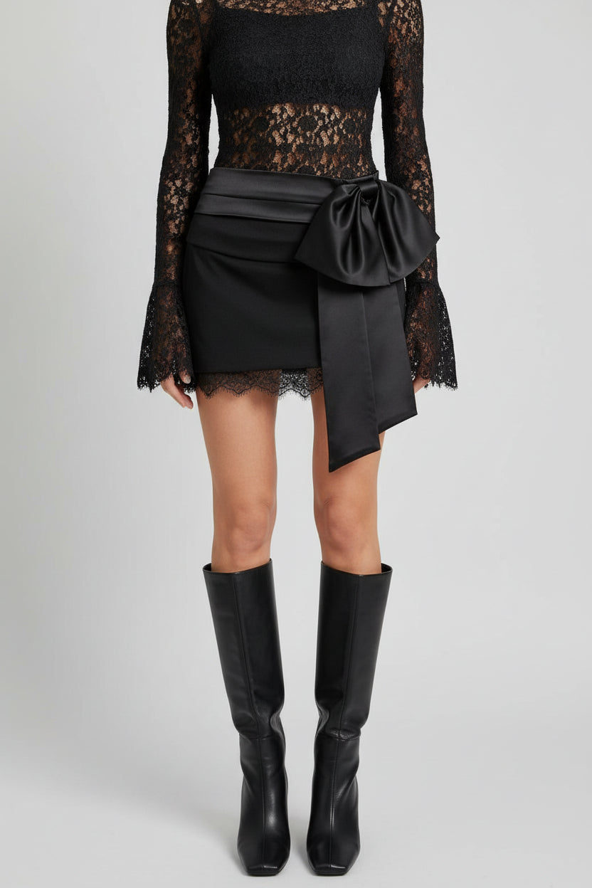Sensual Sheer Lace Backless Bodysuit & Mini Skirt Set Bow Accent