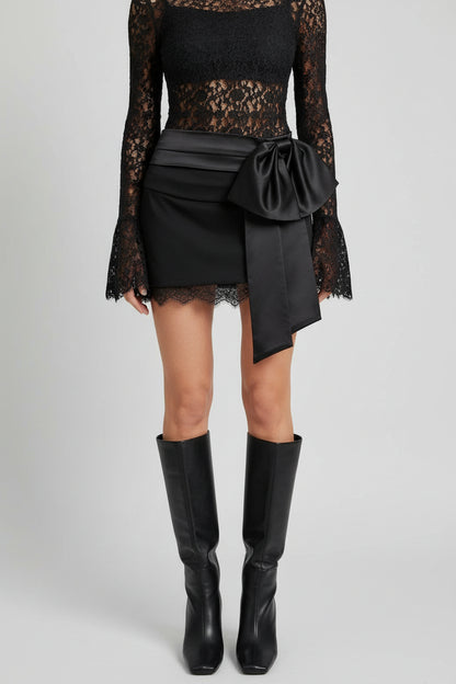 Sensual Sheer Lace Backless Bodysuit & Mini Skirt Set Bow Accent