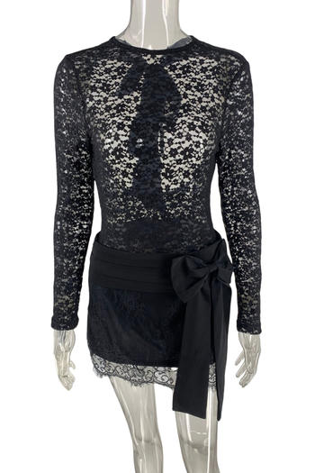 Sensual Sheer Lace Backless Bodysuit & Mini Skirt Set Bow Accent