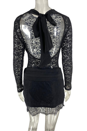 Sensual Sheer Lace Backless Bodysuit & Mini Skirt Set Bow Accent