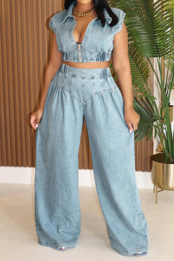 Plus Size Sky Blue Non-Stretch Denim Vest and Straight Jeans Set