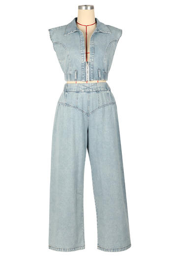 Plus Size Sky Blue Non-Stretch Denim Vest and Straight Jeans Set