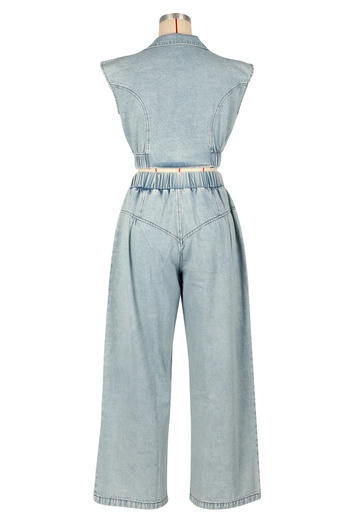 Plus Size Sky Blue Non-Stretch Denim Vest and Straight Jeans Set