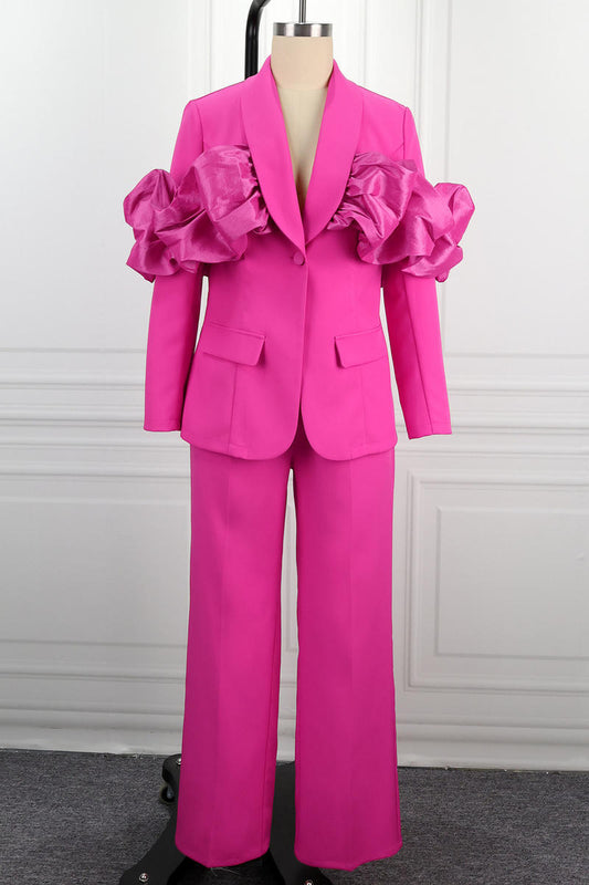 Power Play Ruffle Shoulder Pink Pant Set image 2