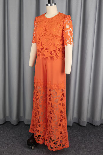 Elegant Plus Size Orange Lace Hollow Top Flared Pants Set