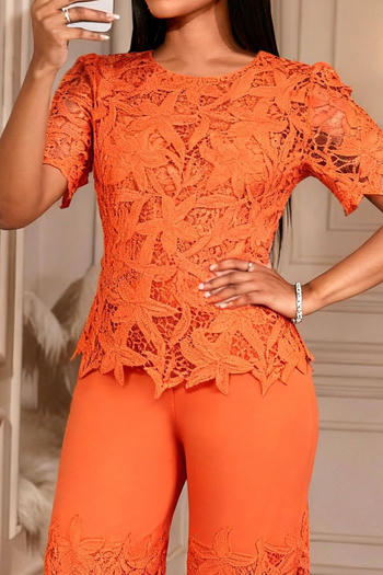 Elegant Plus Size Orange Lace Hollow Top Flared Pants Set