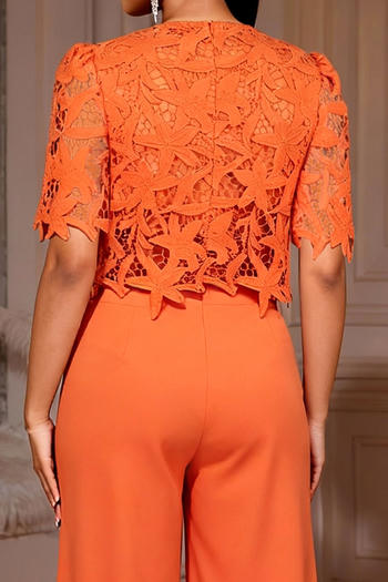 Elegant Plus Size Orange Lace Hollow Top Flared Pants Set