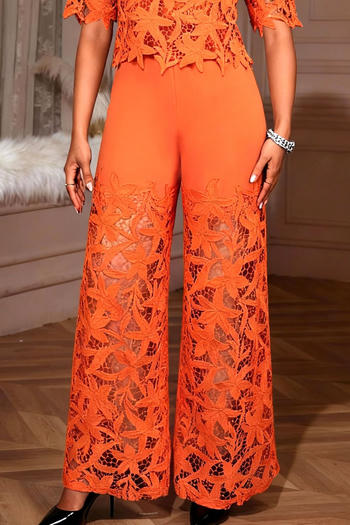 Elegant Plus Size Orange Lace Hollow Top Flared Pants Set