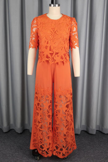 Elegant Plus Size Orange Lace Hollow Top Flared Pants Set