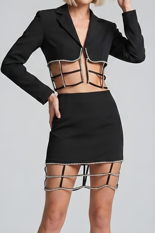 Rhinestone Decor Cut-Out Blazer Mini Skirt Set image 2