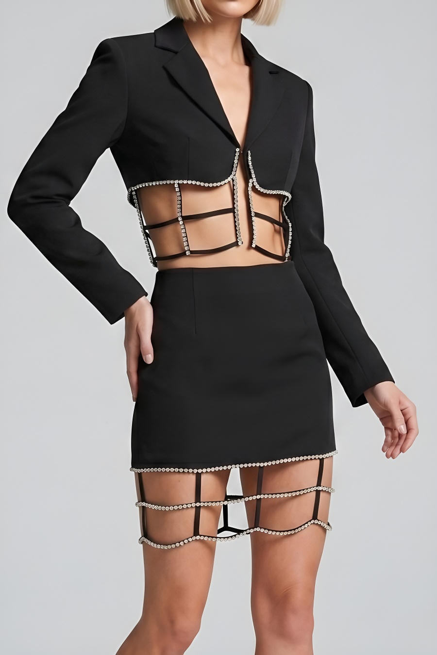 Rhinestone Decor Cut-Out Blazer Mini Skirt Set