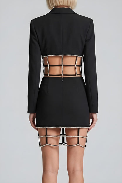 Rhinestone Decor Cut-Out Blazer Mini Skirt Set