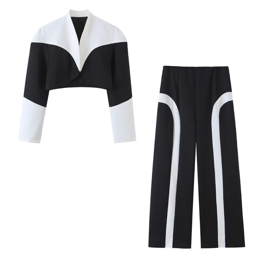Off-Duty Chic Color-Block Cropped Jacket & Wide-Leg Pants Set