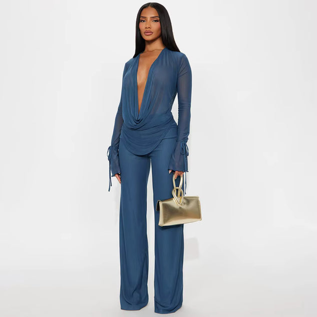 Blue Illusion Sheer Drape Pant Set
