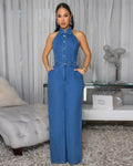 Dare To Win Denim Halter Neck Wide Leg Jumpsuit