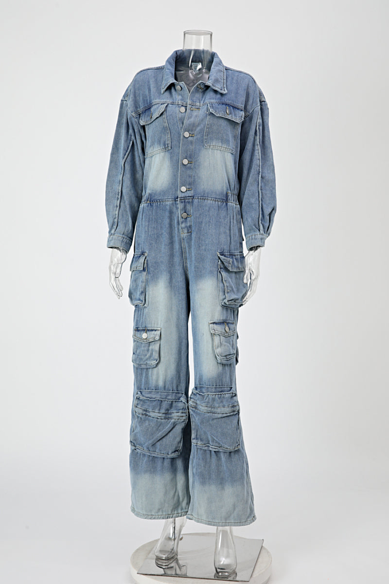 Denim Cargo Ruffle Sleeve Jumpsuit (Belt not included)