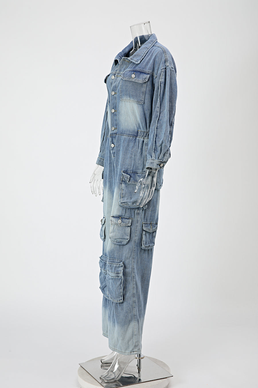 Denim Cargo Ruffle Sleeve Jumpsuit (Belt not included)