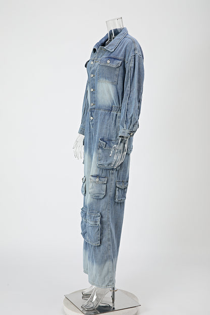 Denim Cargo Ruffle Sleeve Jumpsuit (Belt not included)