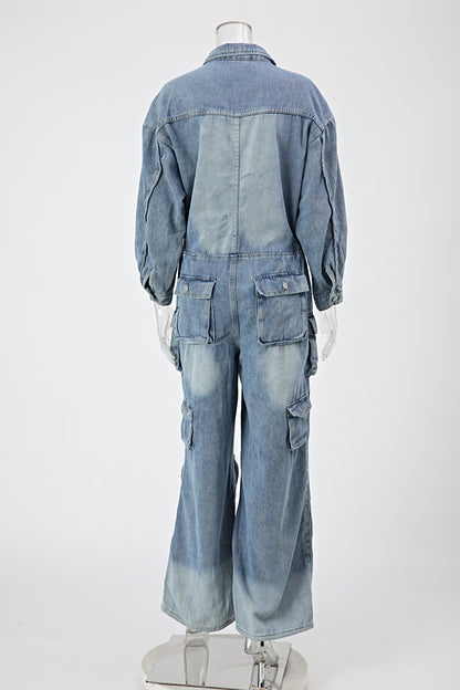 Denim Cargo Ruffle Sleeve Jumpsuit (Belt not included)