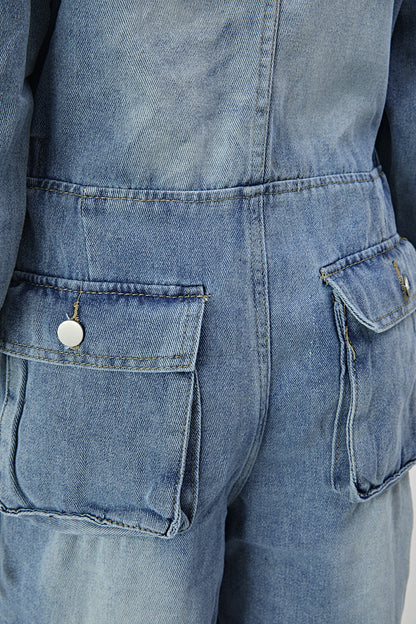 Denim Cargo Ruffle Sleeve Jumpsuit (Belt not included)
