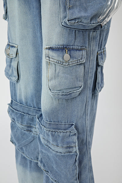 Denim Cargo Ruffle Sleeve Jumpsuit (Belt not included)