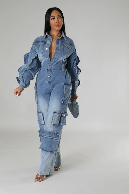 Denim Cargo Ruffle Sleeve Jumpsuit (Belt not included)