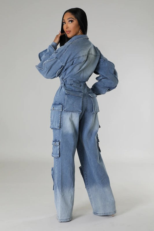 Denim Cargo Ruffle Sleeve Jumpsuit (Belt not included)