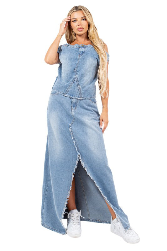 Off Shoulder Denim Top and Maxi Skirt Set image 3