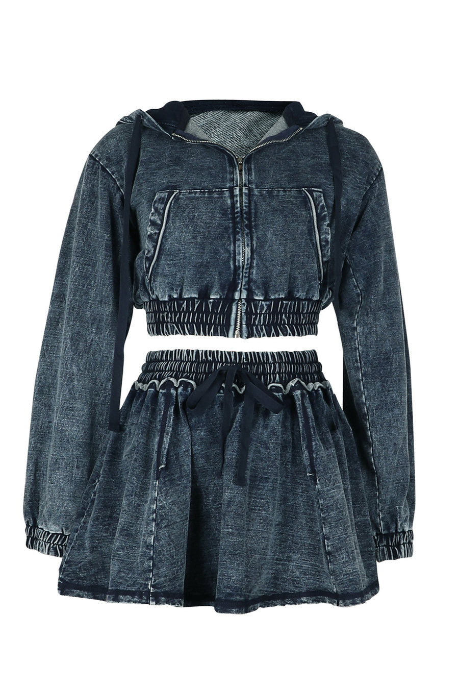 Hooded Denim Jacket Mini Skirt Set