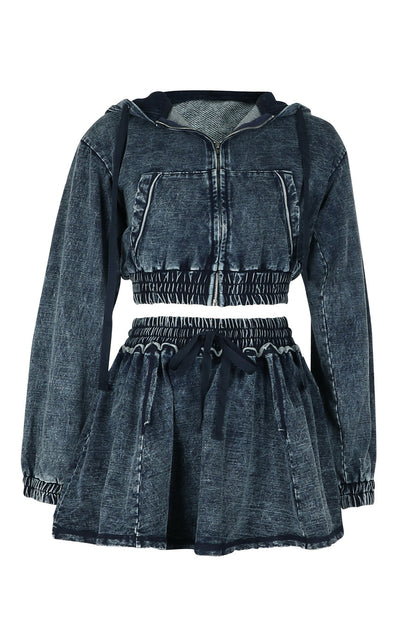 Hooded Denim Jacket Mini Skirt Set