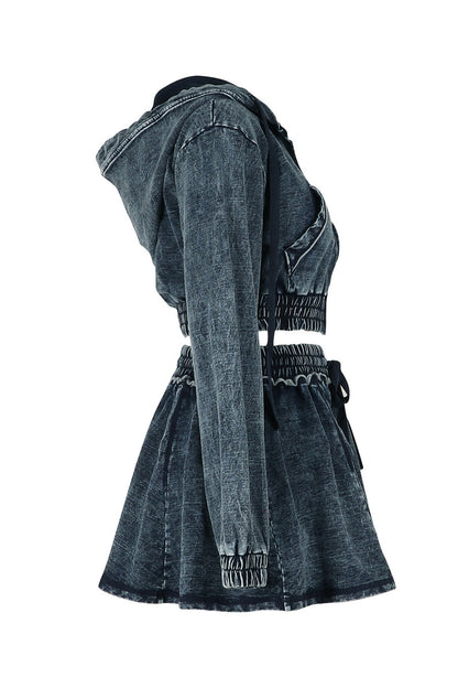Hooded Denim Jacket Mini Skirt Set
