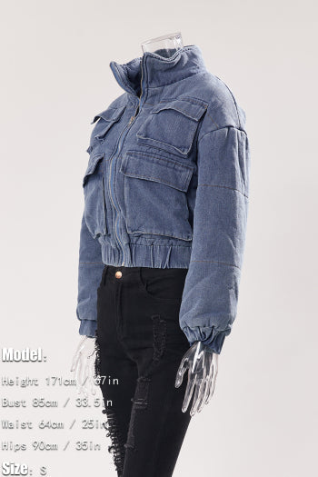 Cozy Chic Plus Size Denim Puffer Jacket: Warm, Stylish, Zip-Up with Pockets