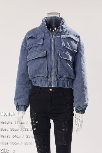 Cozy Chic Plus Size Denim Puffer Jacket: Warm, Stylish, Zip-Up with Pockets