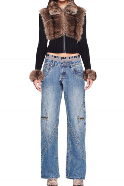 Faux Fur Trim Ribbed Knit Cardigan
