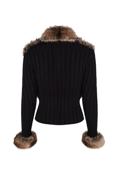Faux Fur Trim Ribbed Knit Cardigan